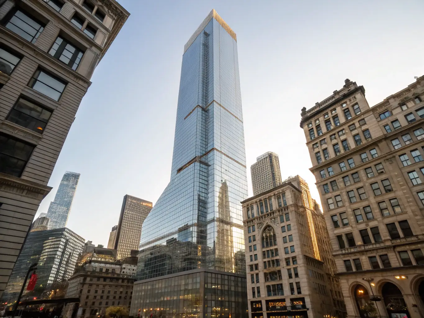 Ultra-realistic image of a modern skyscraper facade, split to show a dramatic before-and-after restoration, with enhanced details, clean lines, and a vibrant city backdrop, used to illustrate facade restoration services.