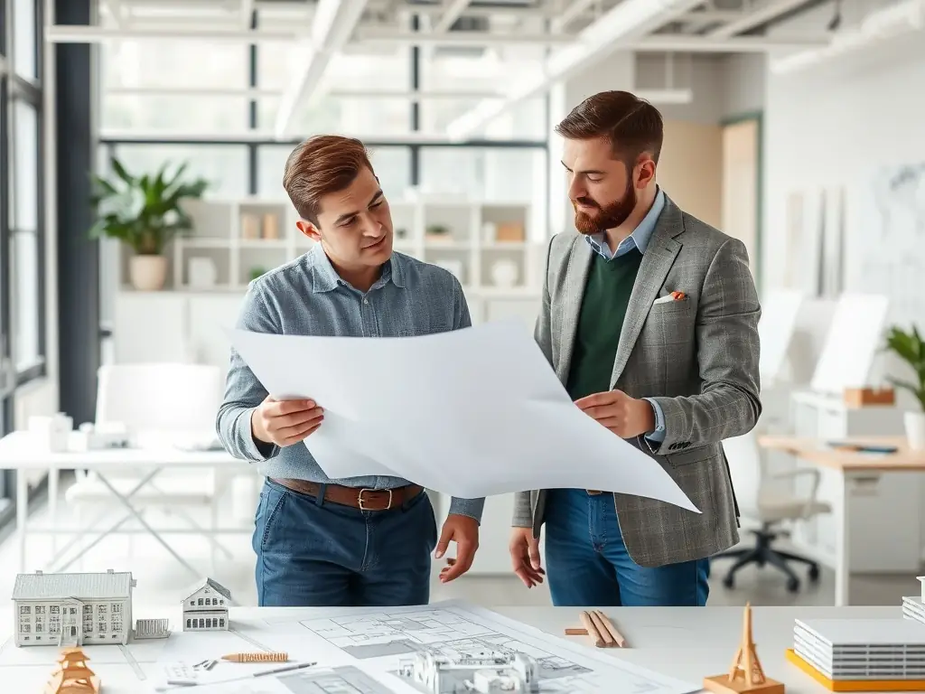 Photo-realistic image of an architect consulting with clients over blueprints in a bright, modern office, with facade samples and digital building models visible, emphasizing professionalism and collaboration.