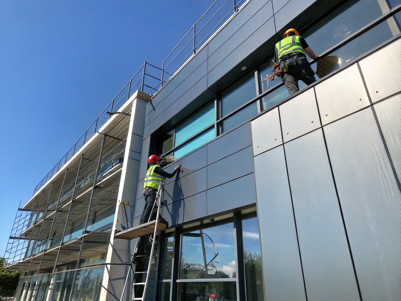 High-detail image of workers renovating a modern building’s exterior wall, applying insulation panels and finishing with sleek, minimalist cladding in a contemporary urban setting, reflecting quality and innovation.