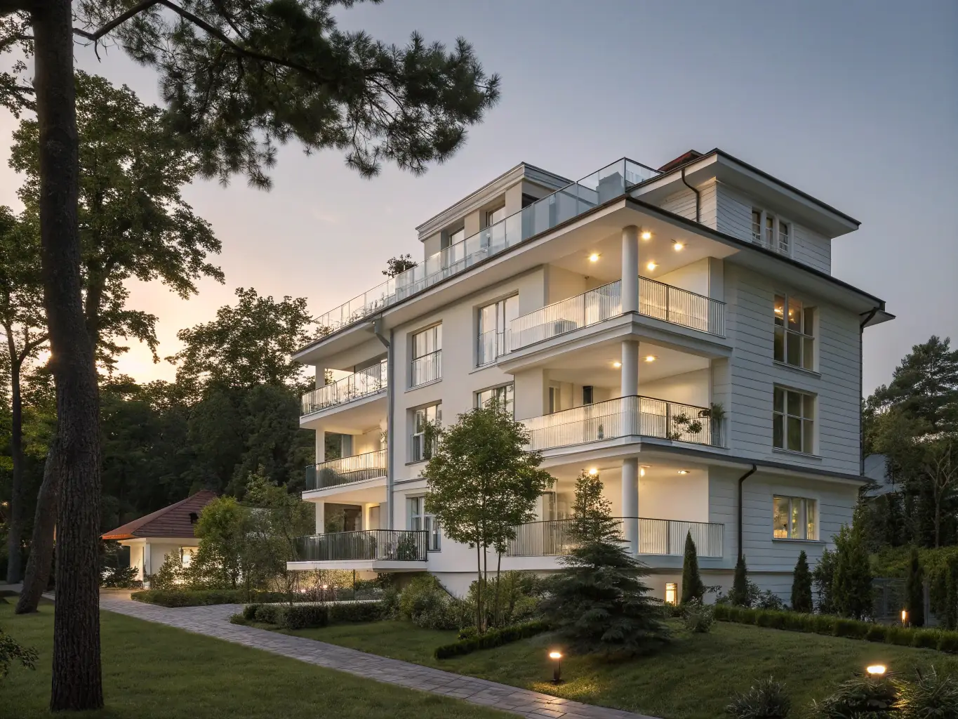 High-detail image of a luxury residential building with freshly renovated exterior walls, featuring sleek finishes, modern textures, and elegant landscaping, used to showcase exterior wall renovation services.