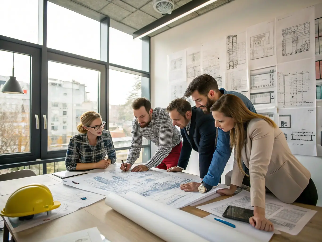 Photo of a team of architects and engineers collaborating over blueprints and digital 3D models in a bright, modern office, conveying expertise and teamwork in architectural consulting.