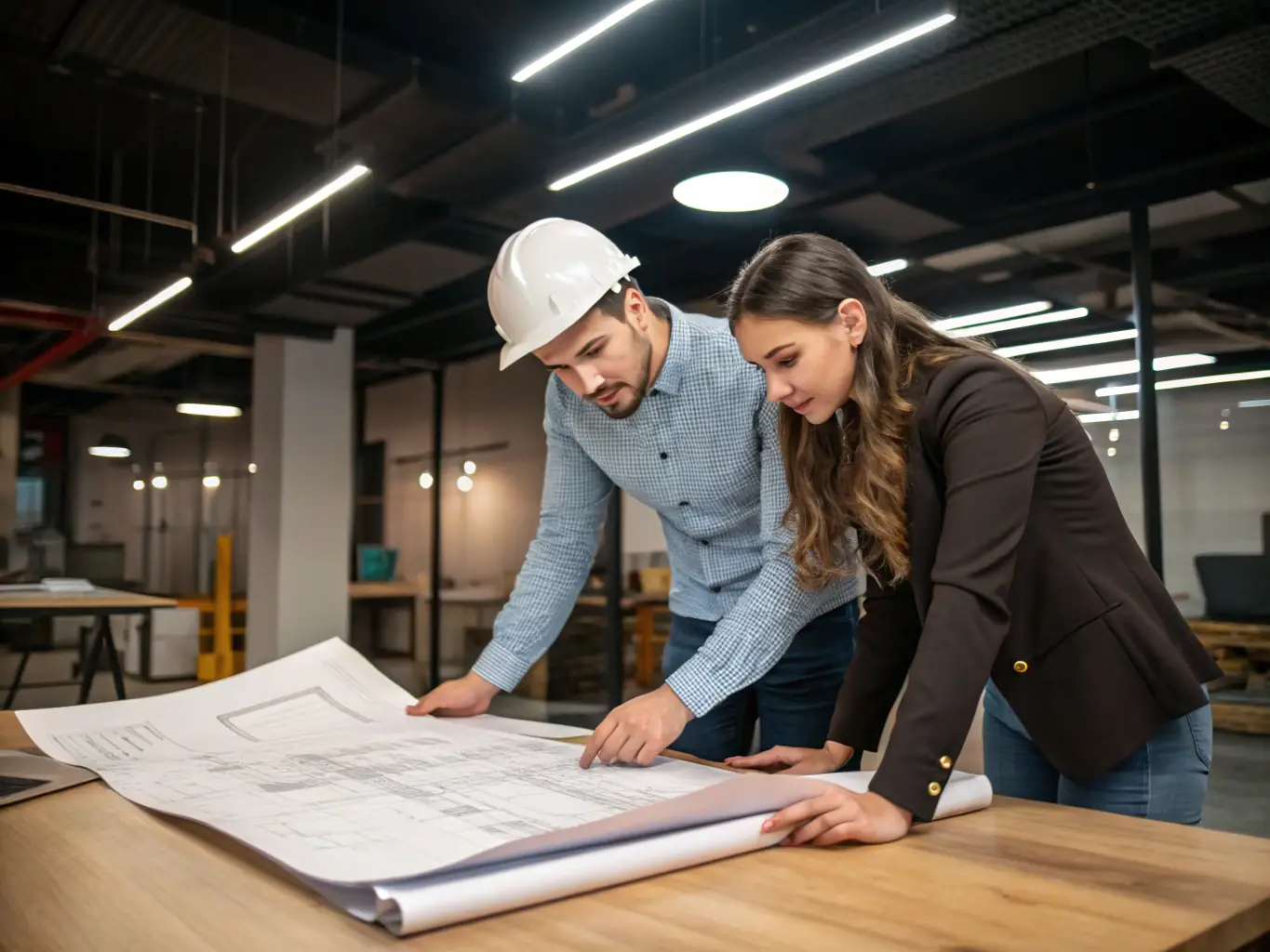 Photo of a team of architects collaborating over blueprints and digital 3D models in a bright, modern office, emphasizing expertise and teamwork, used to represent architectural consulting services.